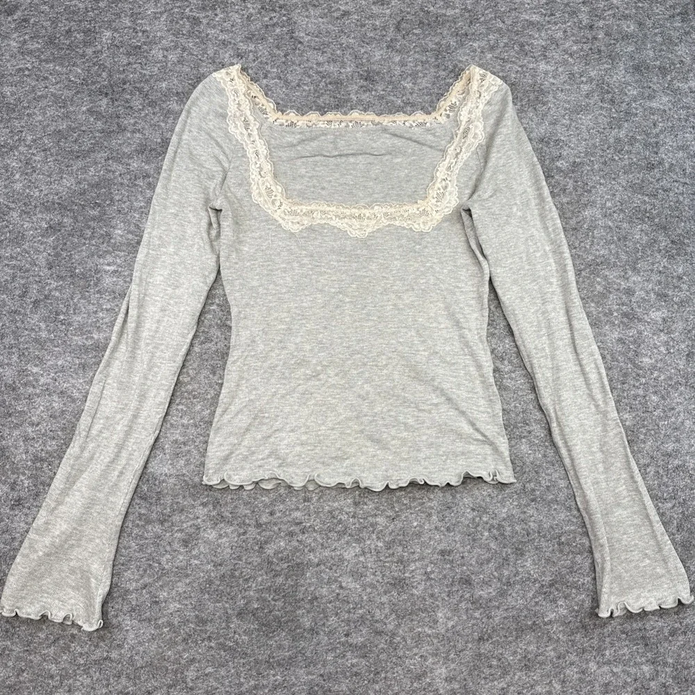Free People Oh my Darling long sleeve top women's large gray lace trim dainty